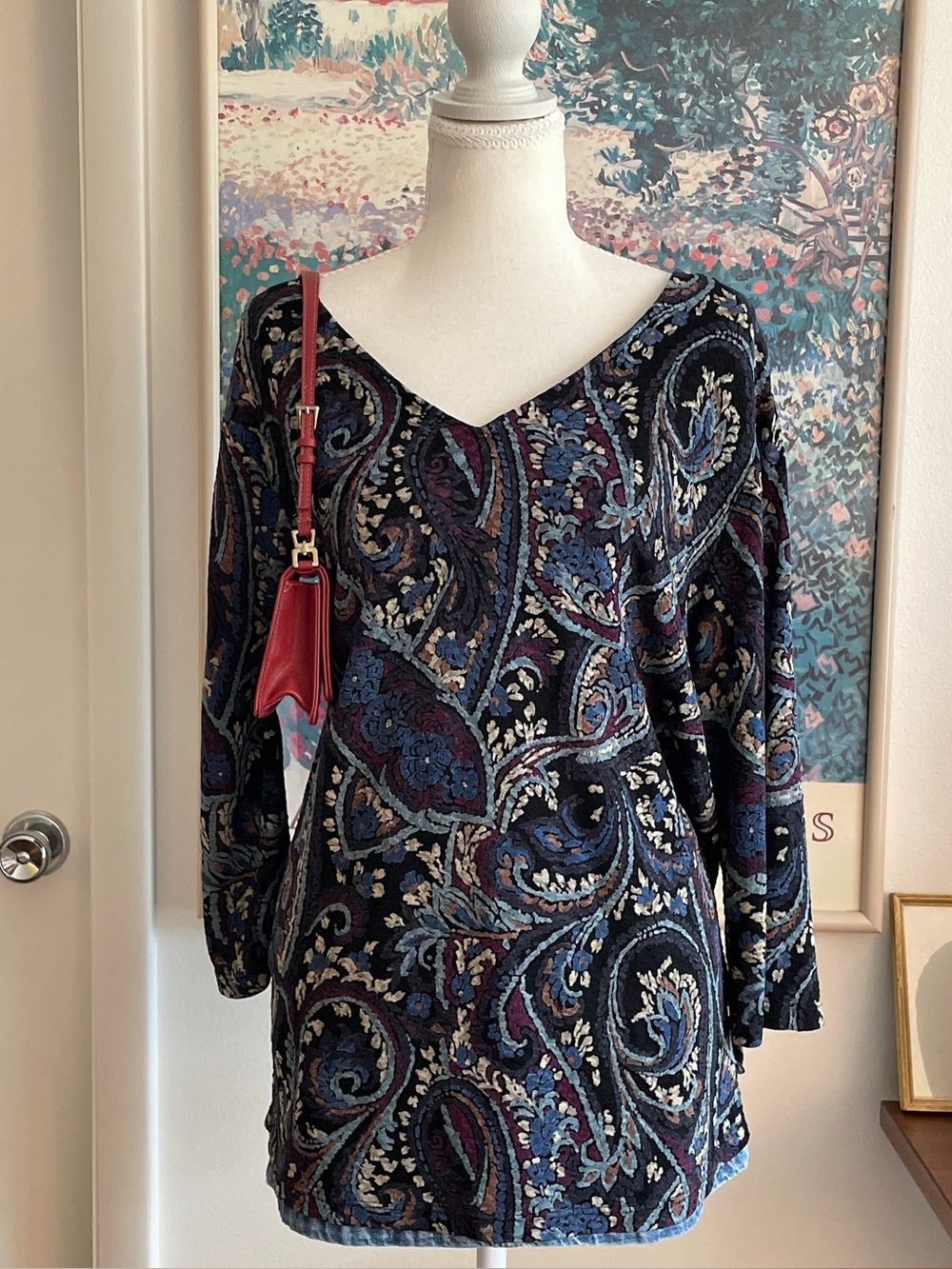 Vintage Y2K Tunic Top Womens 1X Blue Paisley V-Neck Flowy Boho Fairy Whimsigoth